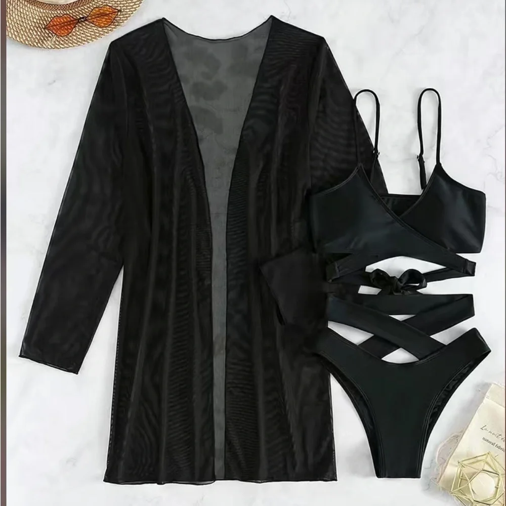 Black Criss-Cross Strap 3pc Bikini Cover-Up Set